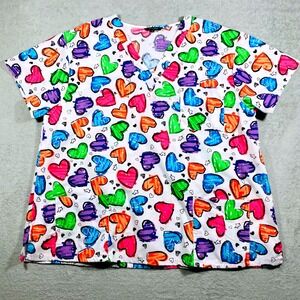Just Love Scrub Top Women 3X White Multicolor Heart Print V-Neck 216V-28